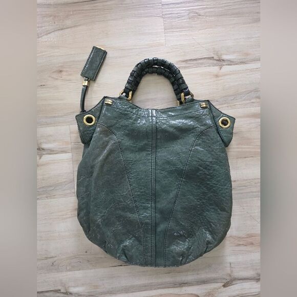 OrYANY Gwen Green Leather Hobo Double Top Handle Bag Goldtone 15x15 - Picture 12 of 13